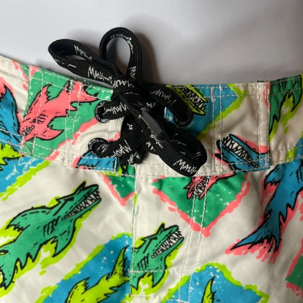 Maui and Sons Vintage 80s Neon Shark Board Shorts Size 32